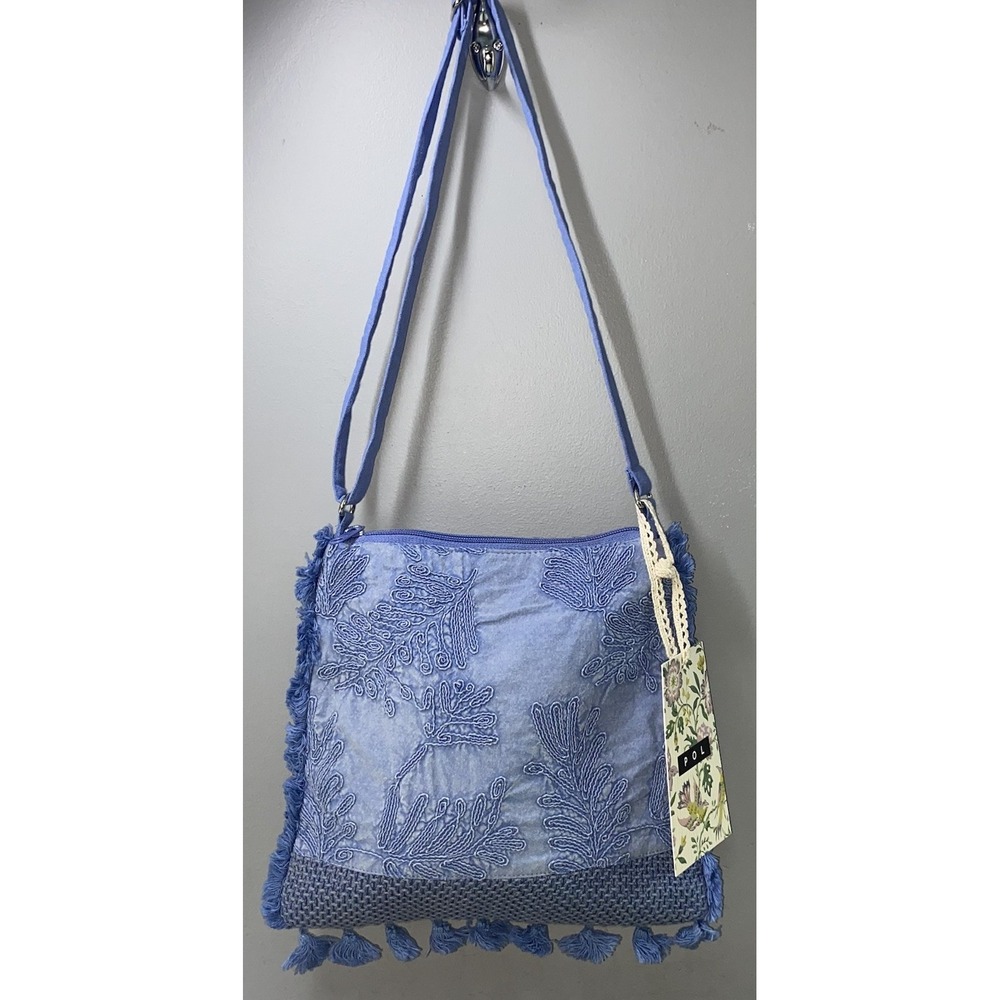 POL Women Blue Coastal Cotton Embroidered Crossbody Purse Lightweight 10x11" NWT
